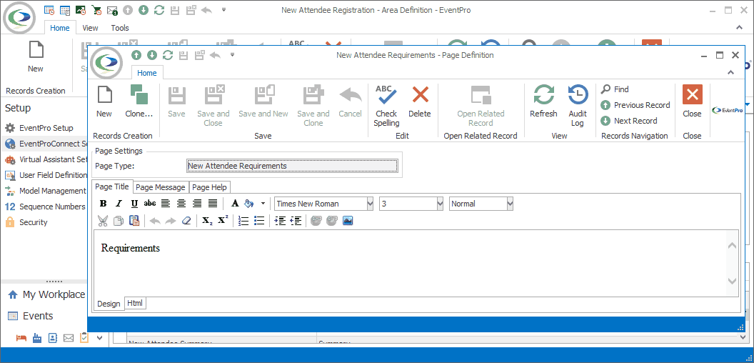 Screenshot of New Attendee Requirements Page Definition opened from New Attendee Registration Area Definition. 