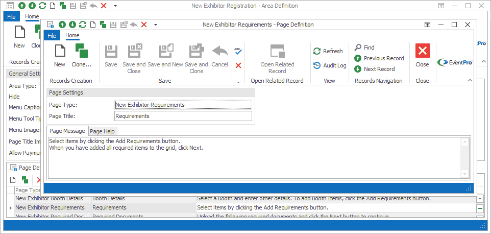 Screenshot of Requirements Page Definition from Exhibitor New Registration Area Definition. 