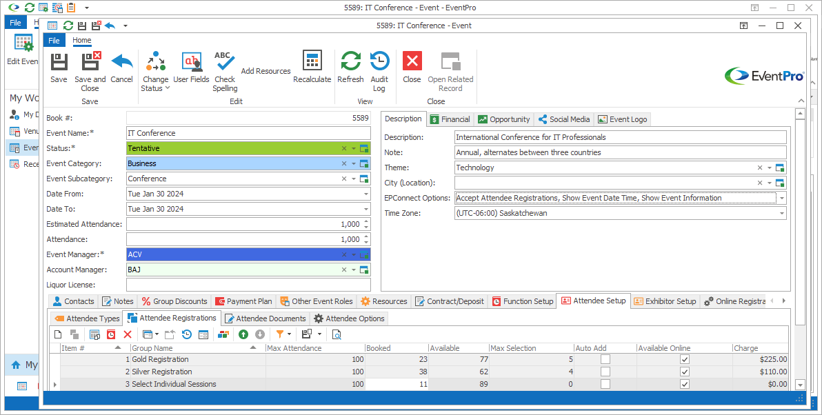 Screenshot of Edit Event window opened to Attendee Registrations tab. 