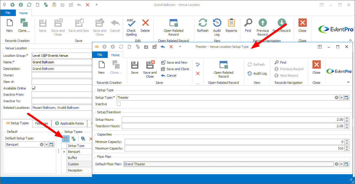 Screenshot of Venue Location Setup Type edit form opened from Venue Location. 