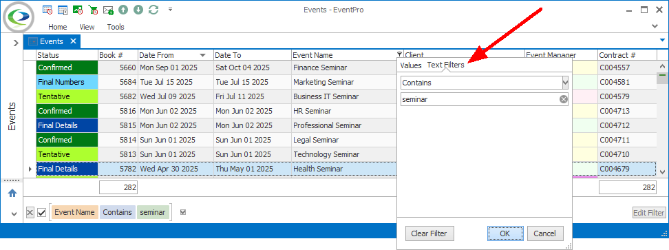 Screenshot of Event list selection grid with Column Header Filter window displaying Text Filter options. 