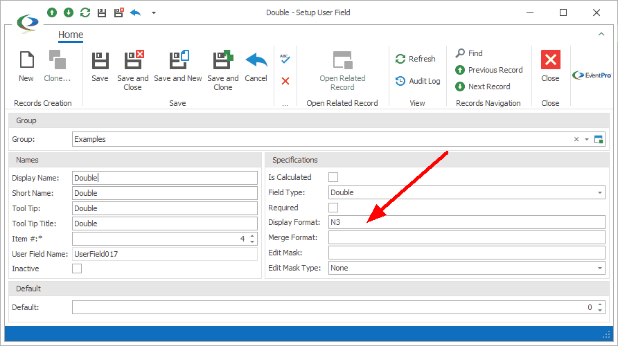Screenshot of Setup User Field edit form with format specifier in Display Format field. 