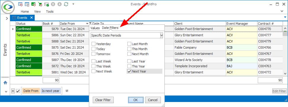 Screenshot of Event list selection grid with Column Header Filter window displaying Date Filter options. 