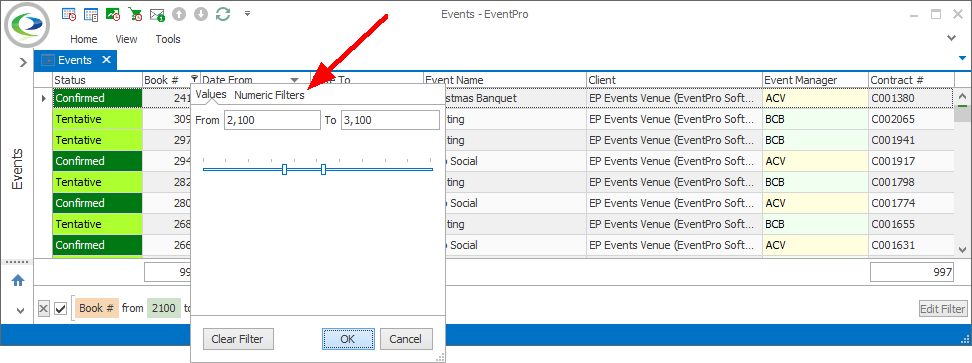 Screenshot of Event list selection grid with Column Header Filter window displaying Numeric Filter options. 