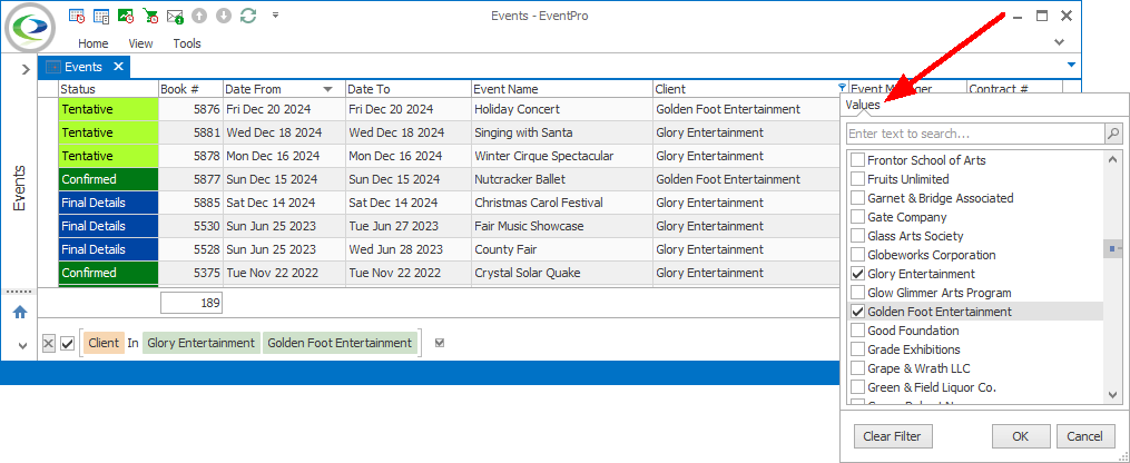 Screenshot of Event list selection grid with Column Header Filter window displaying Values checked list. 