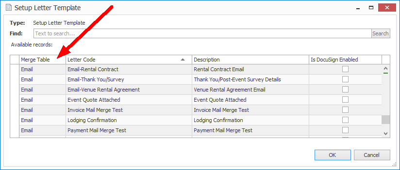Screenshot of Setup Letter Template window, displaying templates with Email Merge Table. 