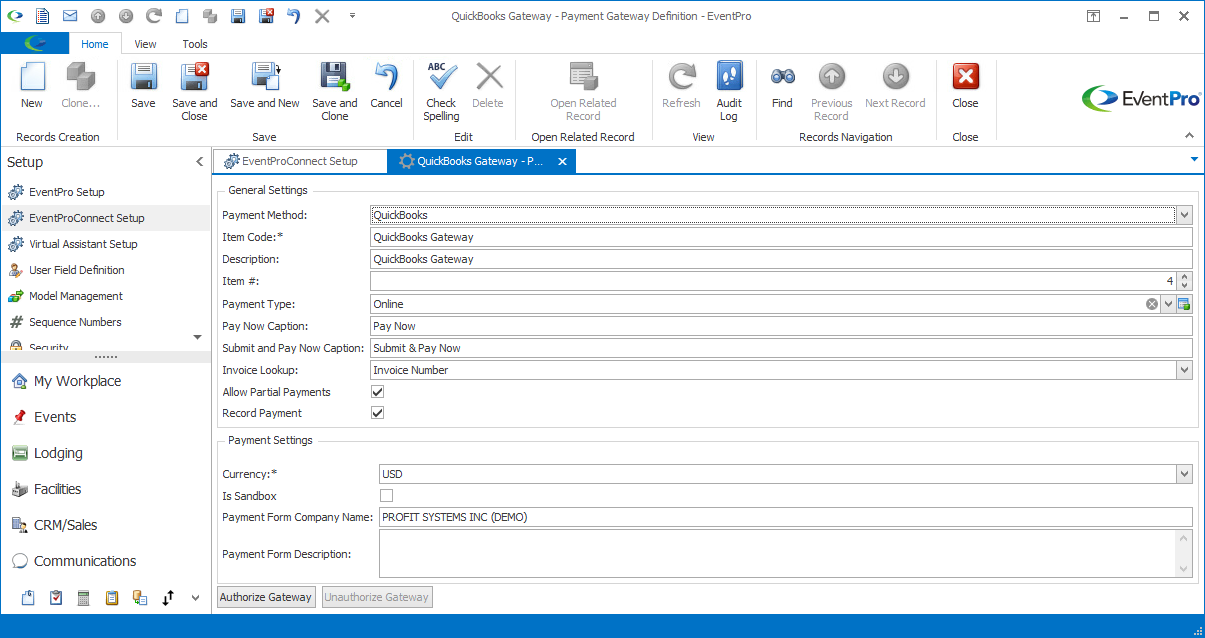 Payment Gateway Definition edit form for QuickBooks