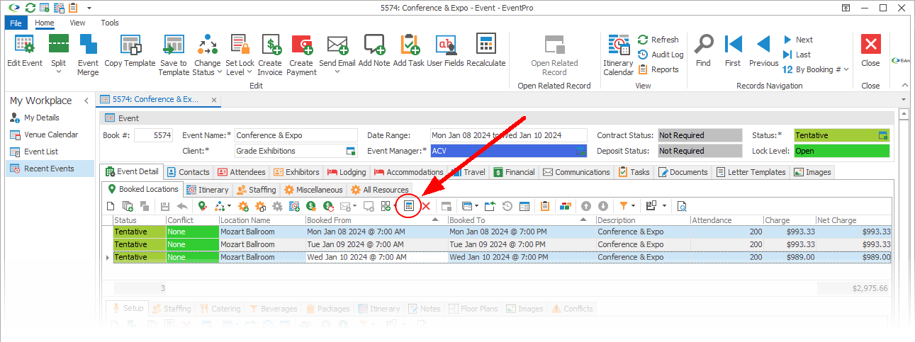Screenshot of Event's Booked Locations tab with multi-selected records, pointing to Recalculate button. 
