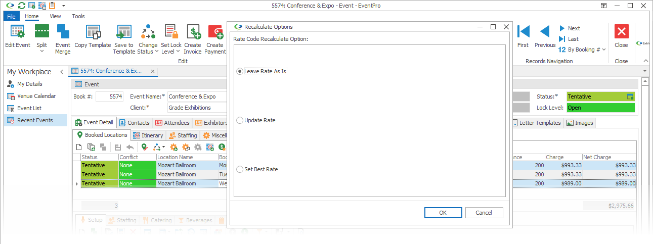 Screenshot of Rate Code Recalculate Option window, opened when recalculating Booked Locations. 