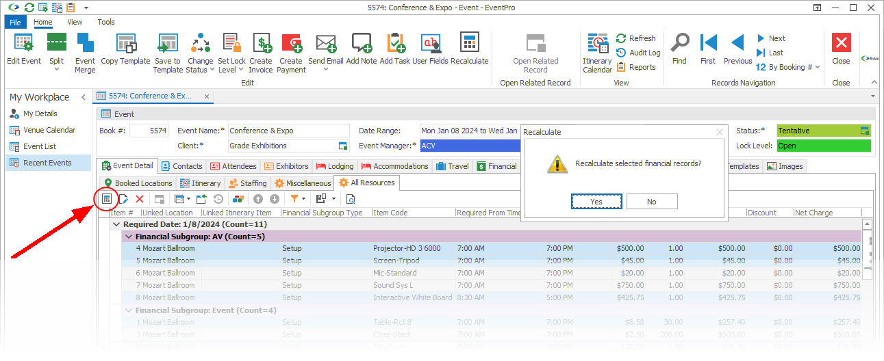Screenshot of Event All Resources tab with multi-selected records, pointing to Recalculate button. 