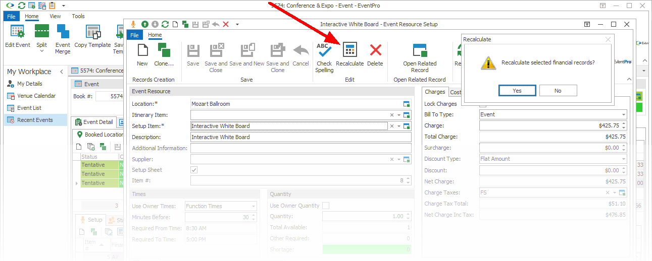 Screenshot of Event Resource Setup item edit form, pointing to Recalculate button. 