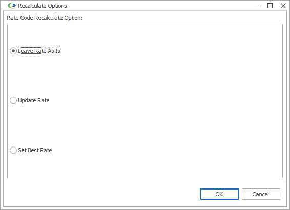 Screenshot of Rate Code Recalculate Option dialog. 