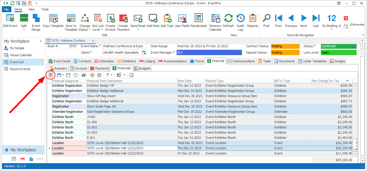 Screenshot of the Event's Financials tab, pointing to Recalculate button. 