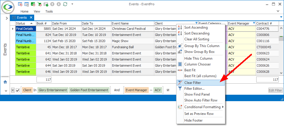 Screenshot of Events selection grid, pointing to Clear Filter command in speed menu. 