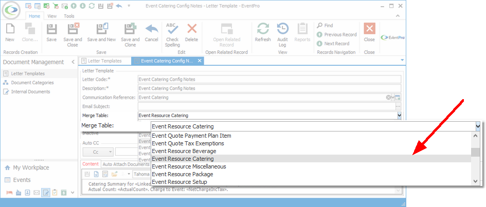 Figure 334: Selecting Merge Table for Event Catering Letter Template 