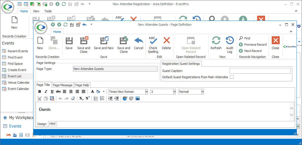 Screenshot of New Attendee Guests Page Definition opened from New Attendee Registration Area Definition. 