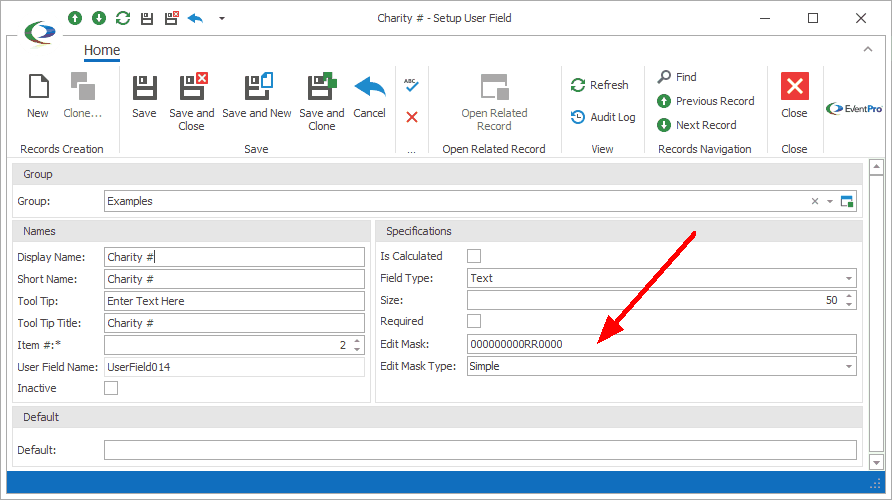 Screenshot of Setup User Field edit form with Edit Mask defined. 