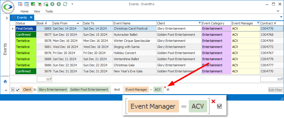 Screenshot of Events selection grid, hovering over column filter below selection grid. 