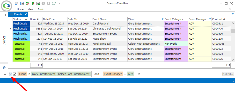 Screenshot of Events selection grid, hovering over column filter below selection grid. 