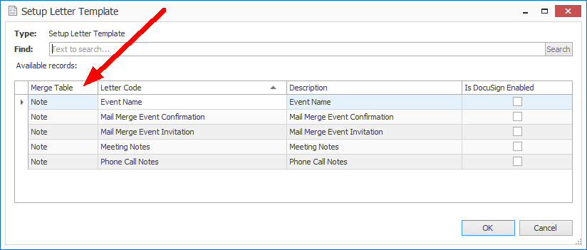 Screenshot of Setup Letter Template window, displaying templates with Note Merge Table. 