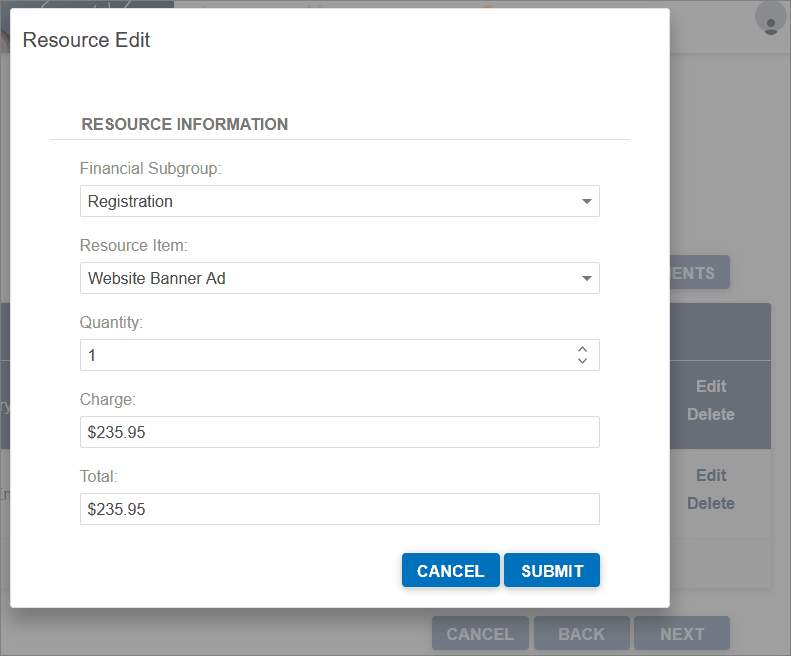 Resource Edit window opened from sample Exhibitor Requirements page. 