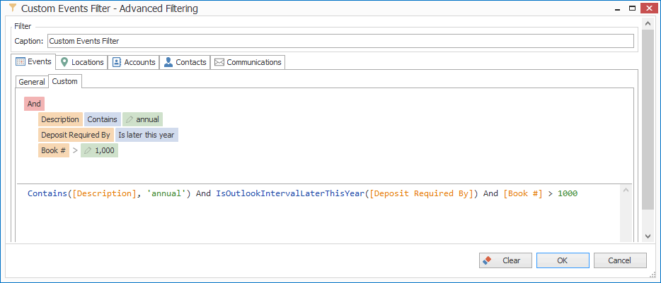 Screenshot of Advanced Filtering window for Event List grid filter, displaying Custom sub-tab under Events tab. 