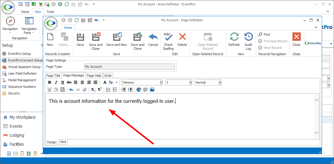 Screenshot of My Account Page Definition edit form, pointing to Page Message tab. 