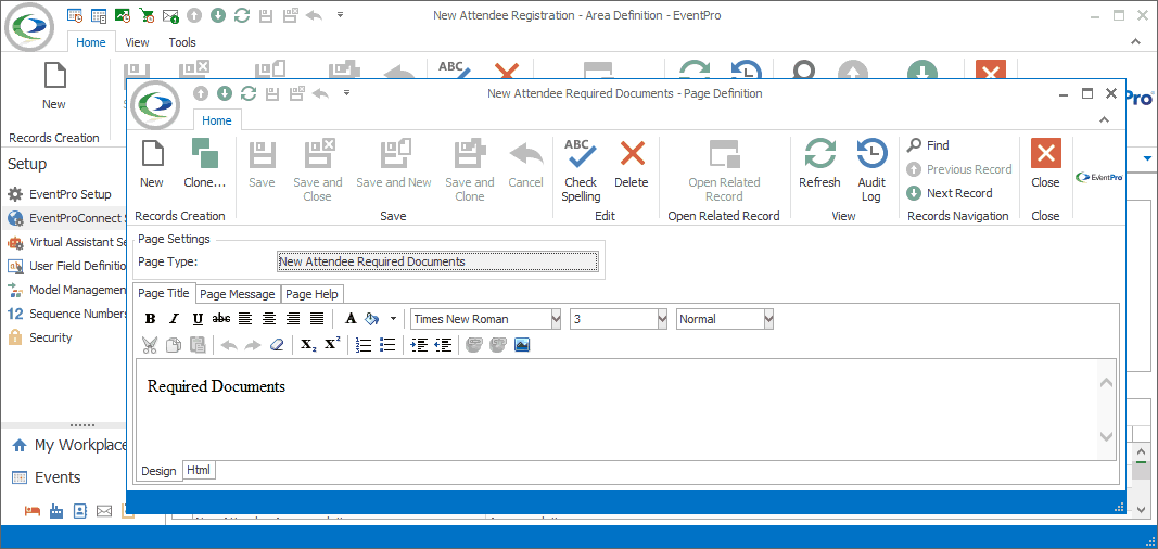 Screenshot of New Attendee Required Documents Page Definition opened from New Attendee Registration Area Definition. 
