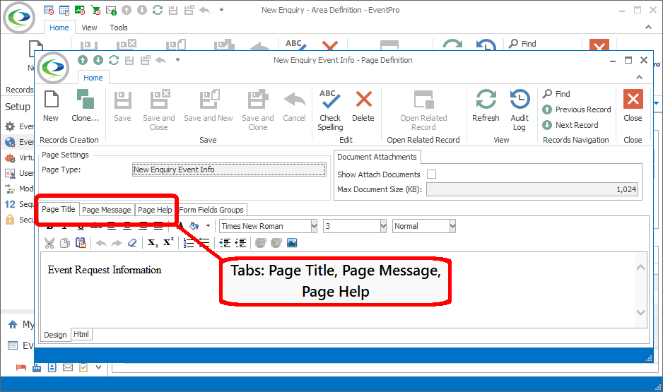 Screenshot of Page Definition edit form, pointing to Page Title, Page Message, Page Help tabs. 