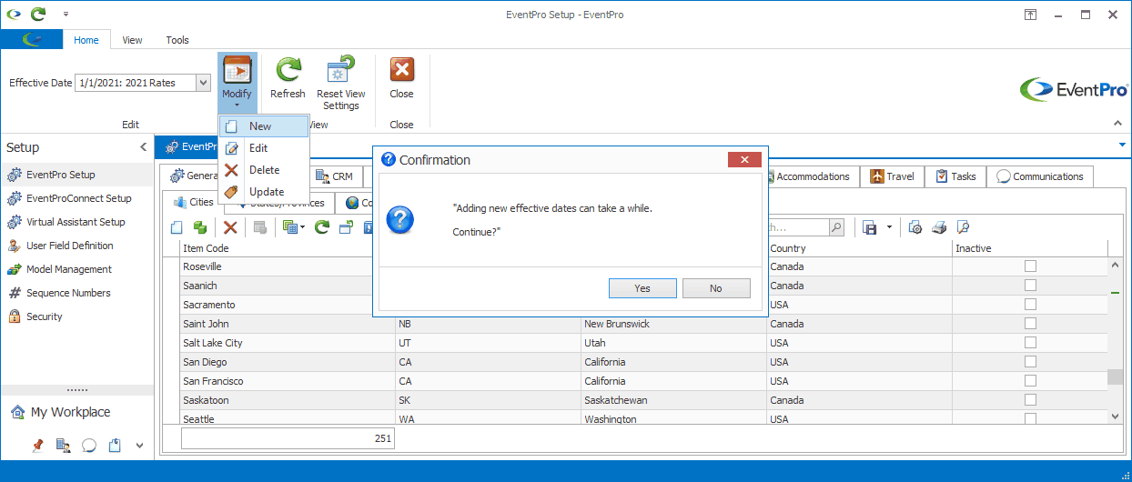 Screenshot of dialog warning that adding new Effective Dates can take a while