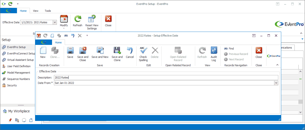 Screenshot of Description and Date From fields in Effective Date edit form. 