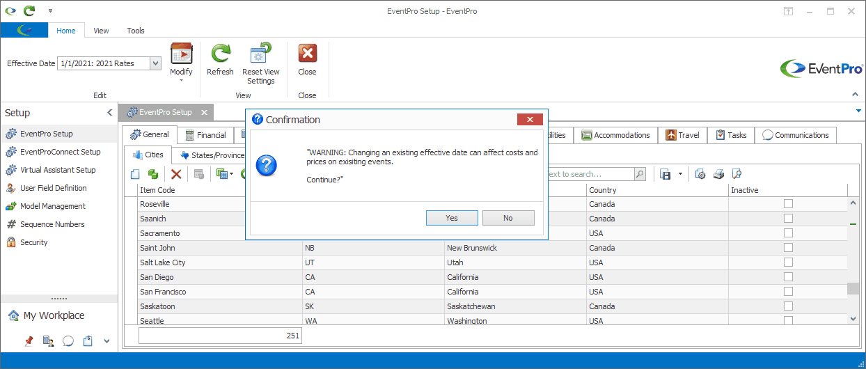 Screenshot of confirmation dialog for changing an Effective Date