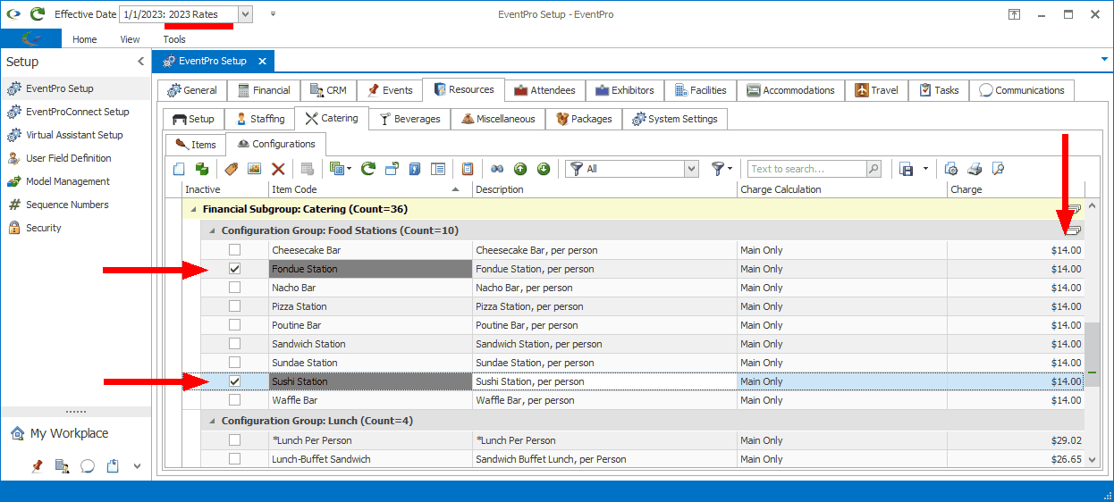 Screenshot of catering setup, pointing to configurations marked Inactive in Effective Date