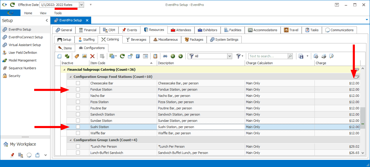 Screenshot of catering setup, pointing to configuration prices for Effective Date