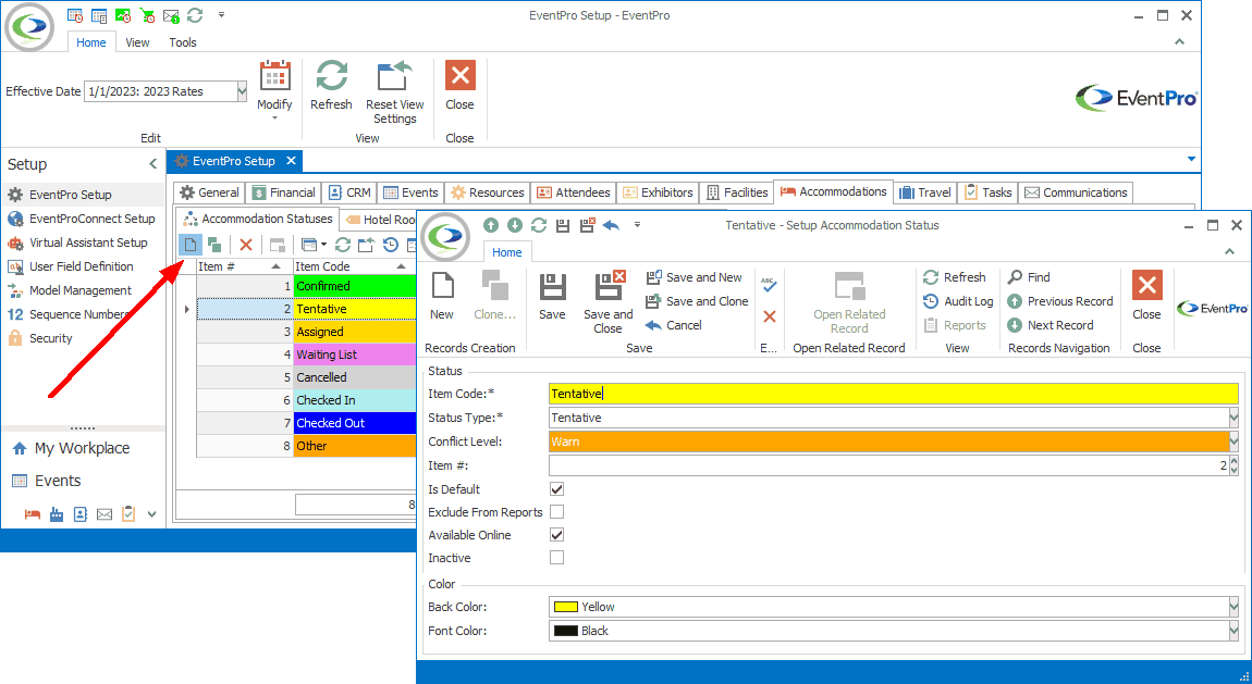 Screenshot of Setup Accommodation Status edit form opened from EventPro Setup. 