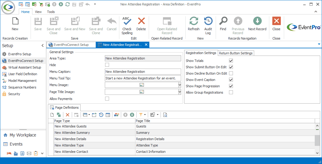 Screenshot of New Registration Area Definition edit form opened from EPConnect Setup. 