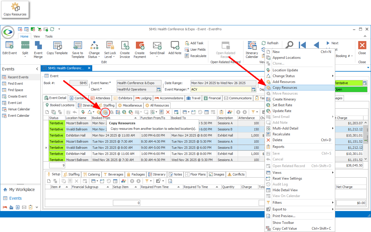Screenshot of Booked Locations in Event screen, pointing to Copy Resources command in ribbon and speed menu. 