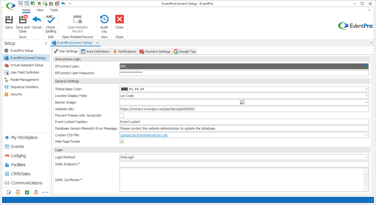 Screenshot of OneLogin selected as login method in EPConnect Setup Site Settings. 