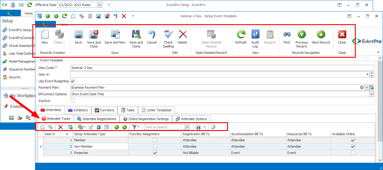 Screenshot of Setup Event Template edit form, outlining command ribbons for template and Attendee Types sub tab.