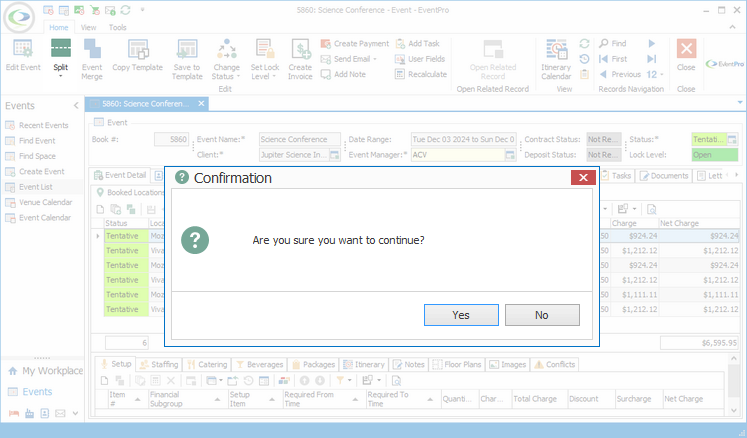 Screenshot of Confirmation dialog appearing before Event split. 