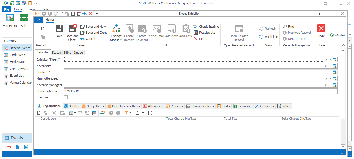 Screenshot of a new Event Exhibitor edit form opened from Event screen. 