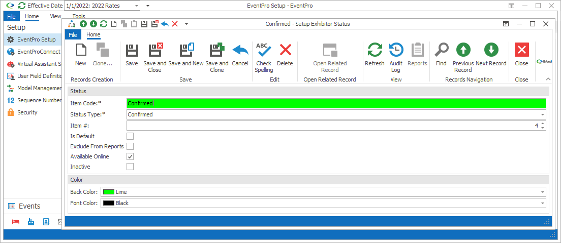 Screenshot of Setup Exhibitor Status edit form in EventPro Exhibitor Setup. 
