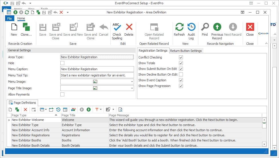 Screenshot of Exhibitor New Registration Area Definition edit form. 