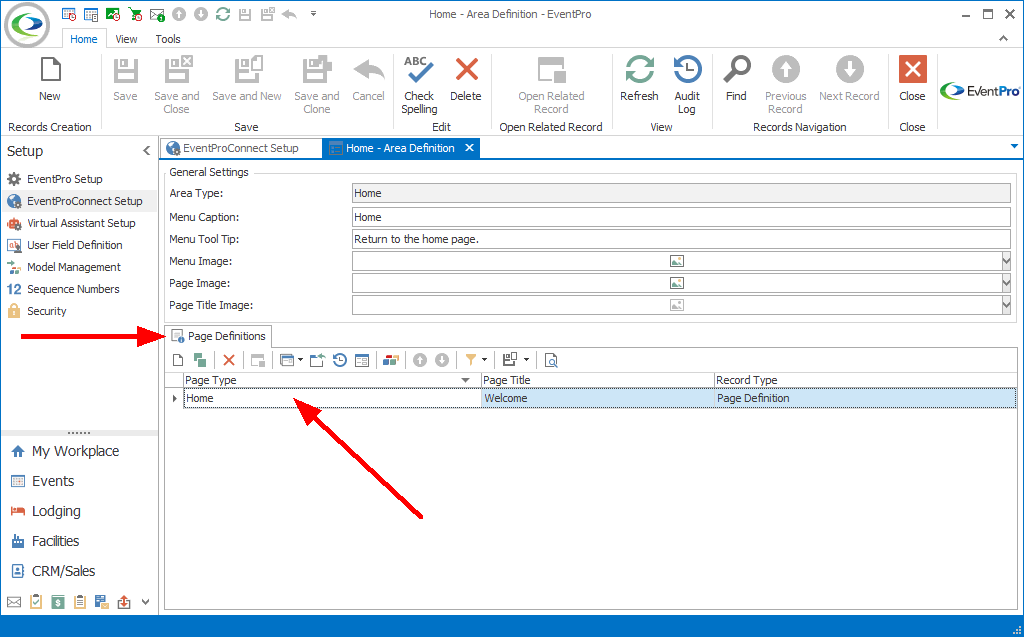Screenshot of Home Area Definition, pointing to Page Definitions tab. 