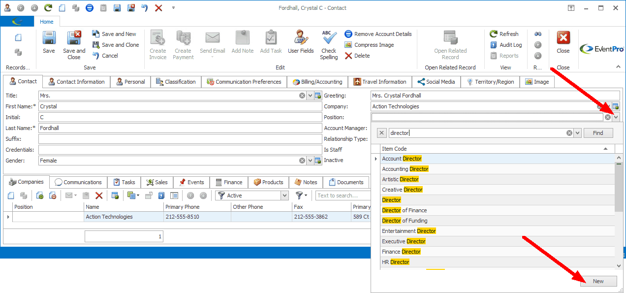 Screenshot of Contact edit form, pointing to the Position drop-down list and the New button.