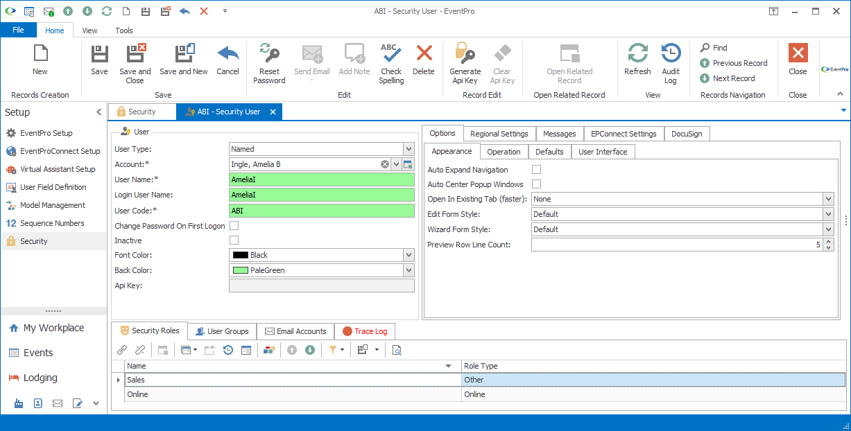 Screenshot of Security Roles tab in the Security User edit form. 