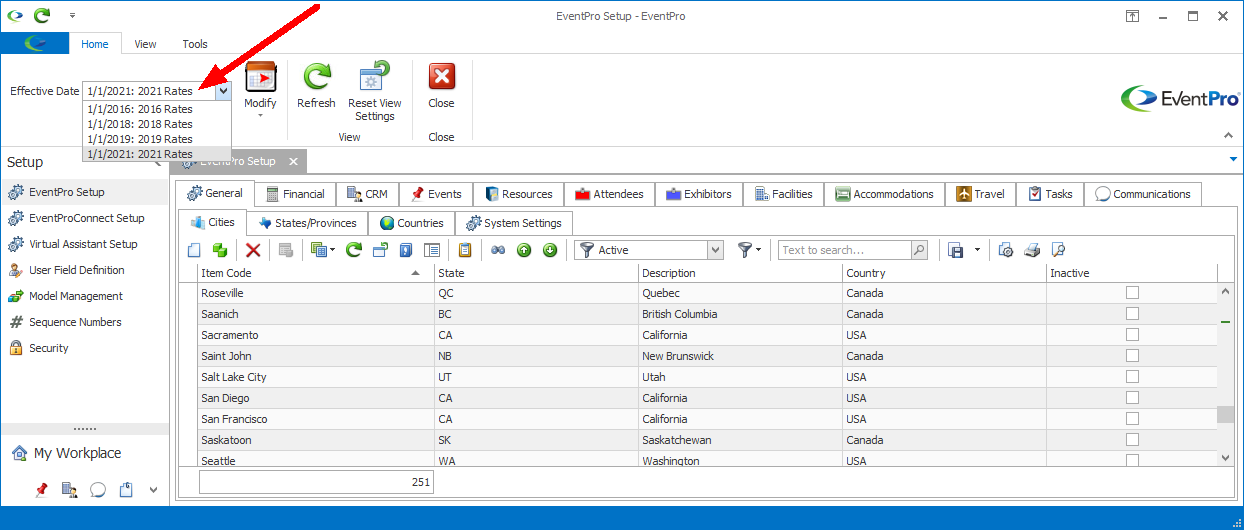 Screenshot of EventPro Setup, pointing to the Effective Date selection drop-down list. 