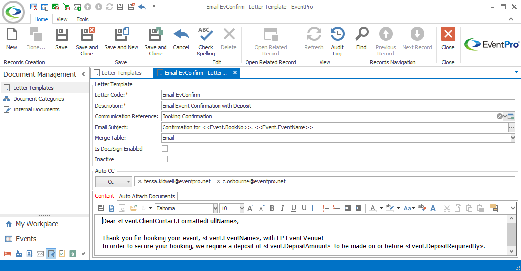 Screenshot of Letter Template edit form. 
