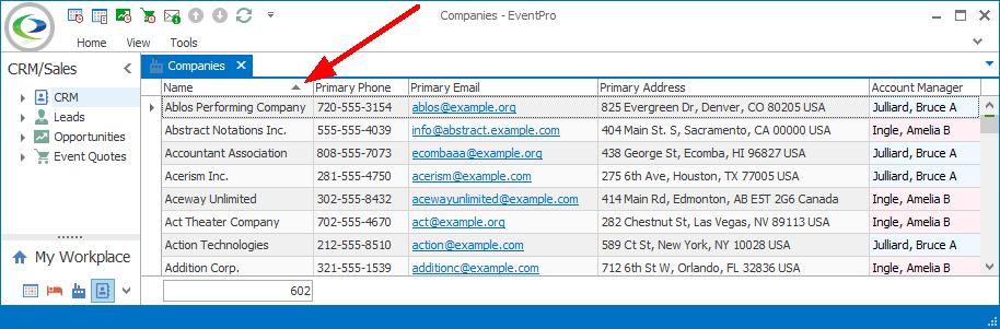 Screenshot of Companies selection grid Sort Acscending by Name. 
