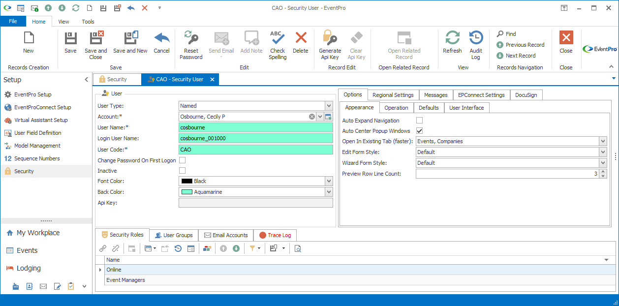 Screenshot of Appearance sub tab under Security User edit form Options tab. 